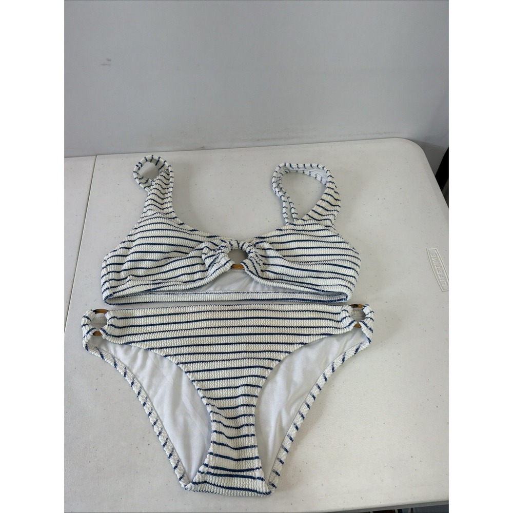 J Crew Claudia & Ronnie O-ring Scrunchie 2PC Bikini Blue Striped Beach Resort M